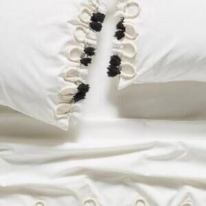Anthropologie Pierre Ivory Black Tasseled Trim King Flat Sheet NWOT